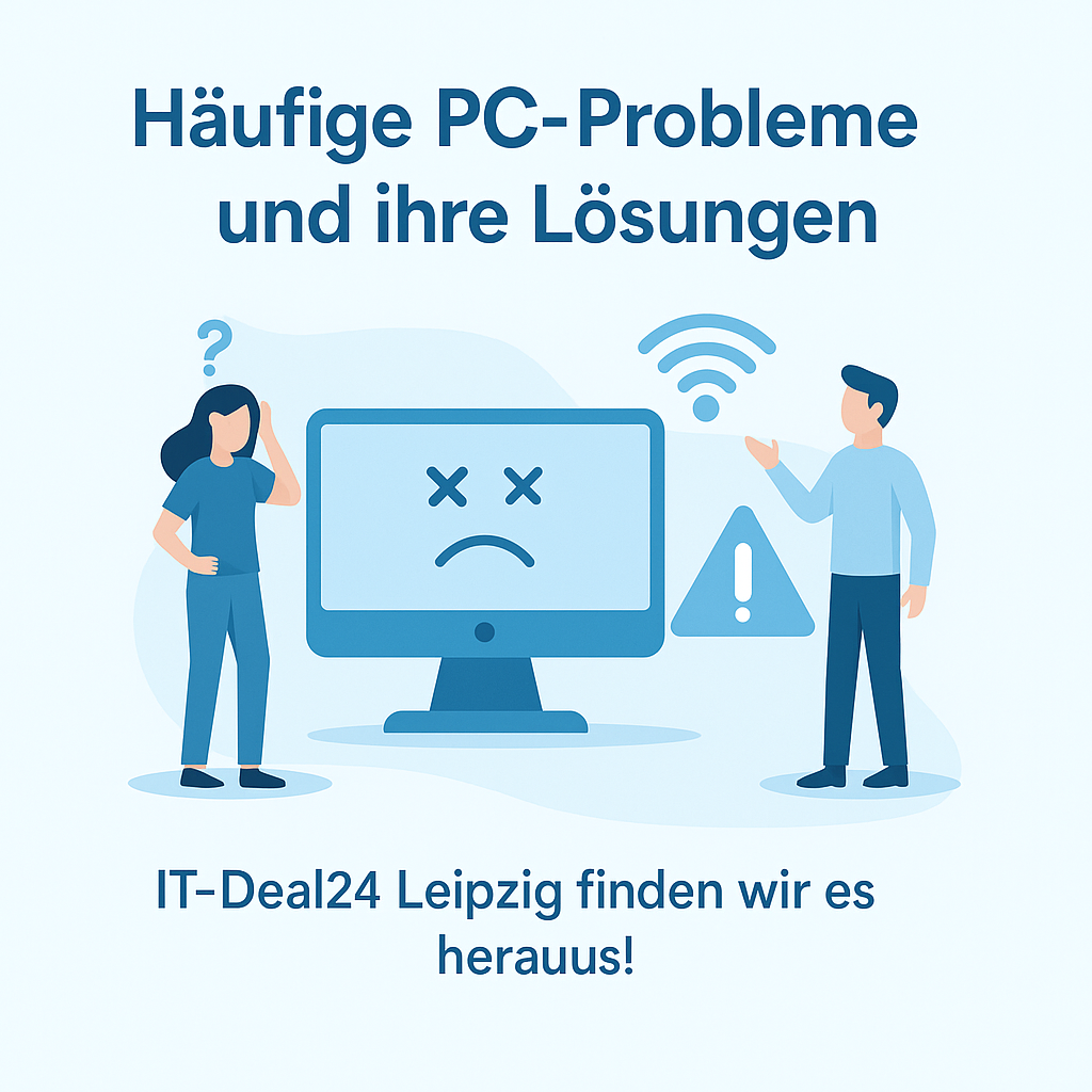 Zwei Personen vor PC mit Fehlermeldung – Symbolbild für PC-Probleme bei IT-Deal24 Leipzig