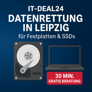 Datenrettung in Leipzig mit Laptop und rotem Button – 30 Min. gratis Beratung bei IT-Deal24