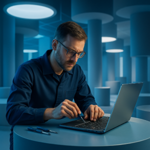 Techniker bei der Laptop-Reparatur in Leipzig – moderne Werkstatt mit blauem Hintergrund