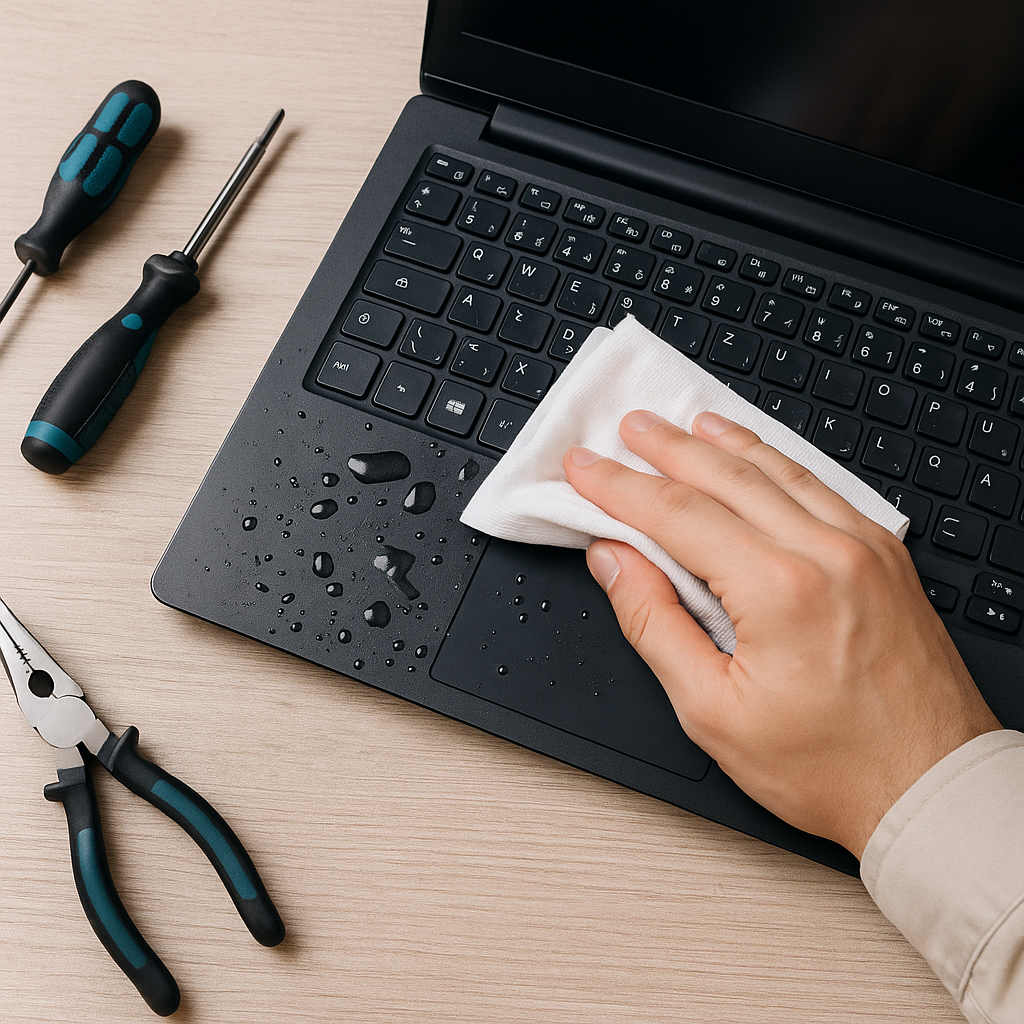Techniker trocknet einen Laptop mit Wasserschaden mit einem Tuch, Werkzeuge liegen daneben