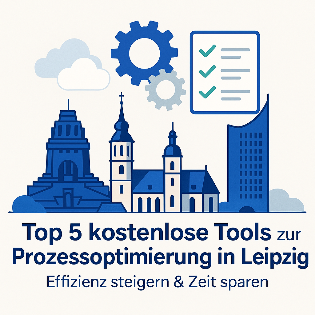 Illustration Leipziger Skyline mit Symbolen für Prozessoptimierung – Zahnräder, Checkliste und Cloud