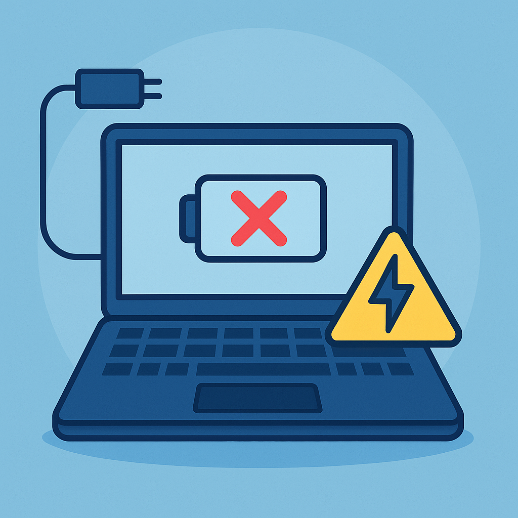 Flat-Illustration eines Laptops mit rotem Batterie-Symbol und Warnzeichen – symbolisiert Ladeproblem