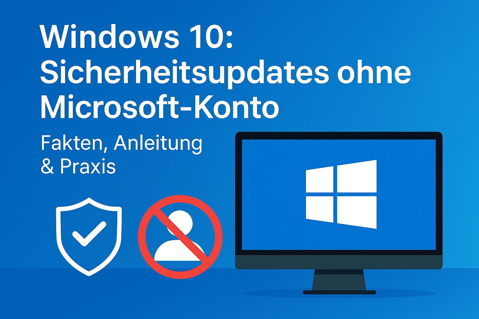 Windows 10 Desktop mit Update-Symbol und Sicherheitsschild – Darstellung eines Systems, das ohne Microsoft-Konto Sicherheitsupdates erhält