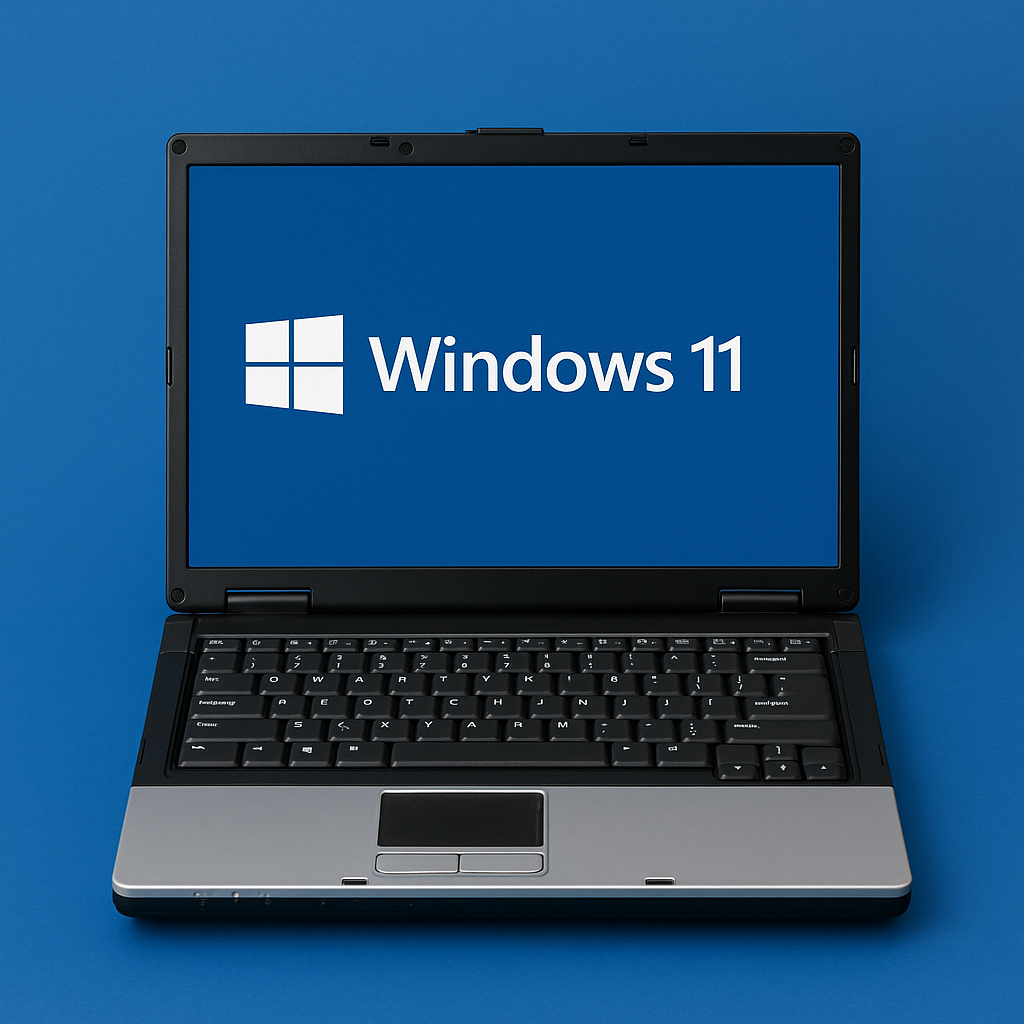 Alter Laptop mit Windows 11 Logo und Warnsymbol – Upgrade und Kompatibilitätsrisiken