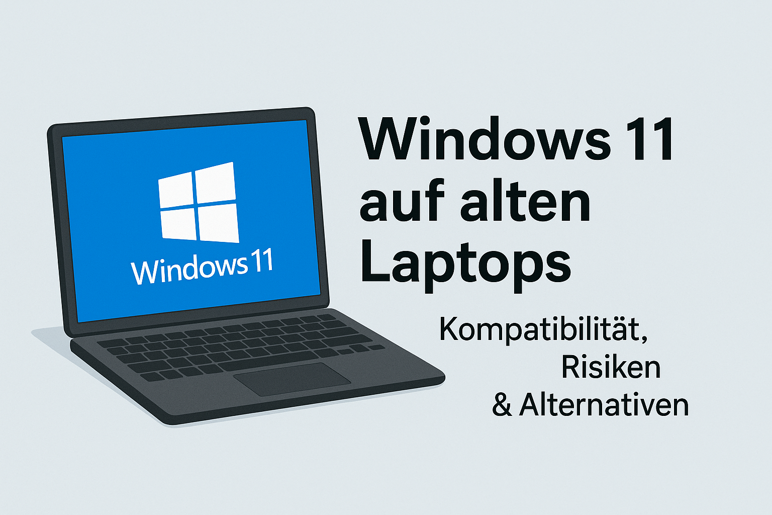 Stylisierte Illustration eines älteren Laptops mit Windows 11 Logo und Text ‚Windows 11 auf alten Laptops‘, symbolisiert Upgrade-Thema und Kompatibilitätsrisiken