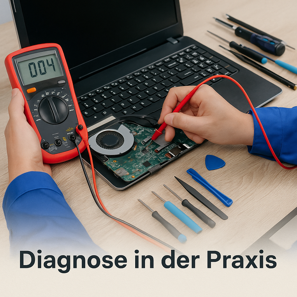 Techniker misst mit einem Multimeter die Komponenten eines geöffneten Laptops