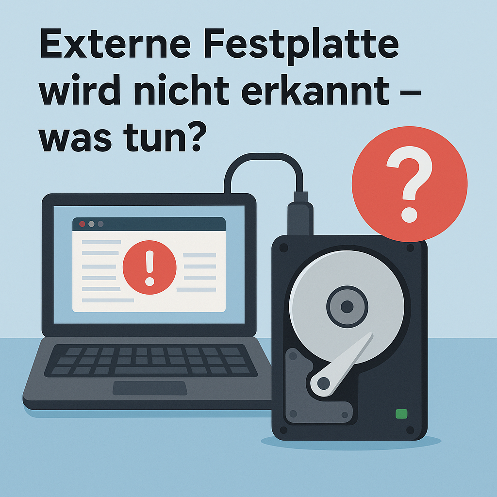 Laptop mit angeschlossener externer Festplatte und Warnsymbol – Thema: „Externe Festplatte wird nicht erkannt“.