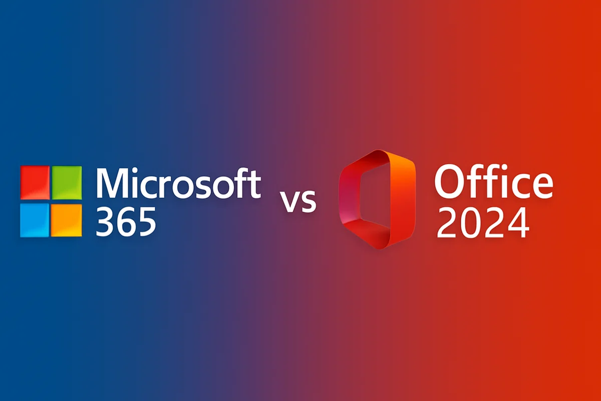 Vergleichsbild Microsoft 365 und Office 2024 – Gegenüberstellung von Abo-Modell und Einmalkauf-Lizenz mit IT-Deal24.de-Logo