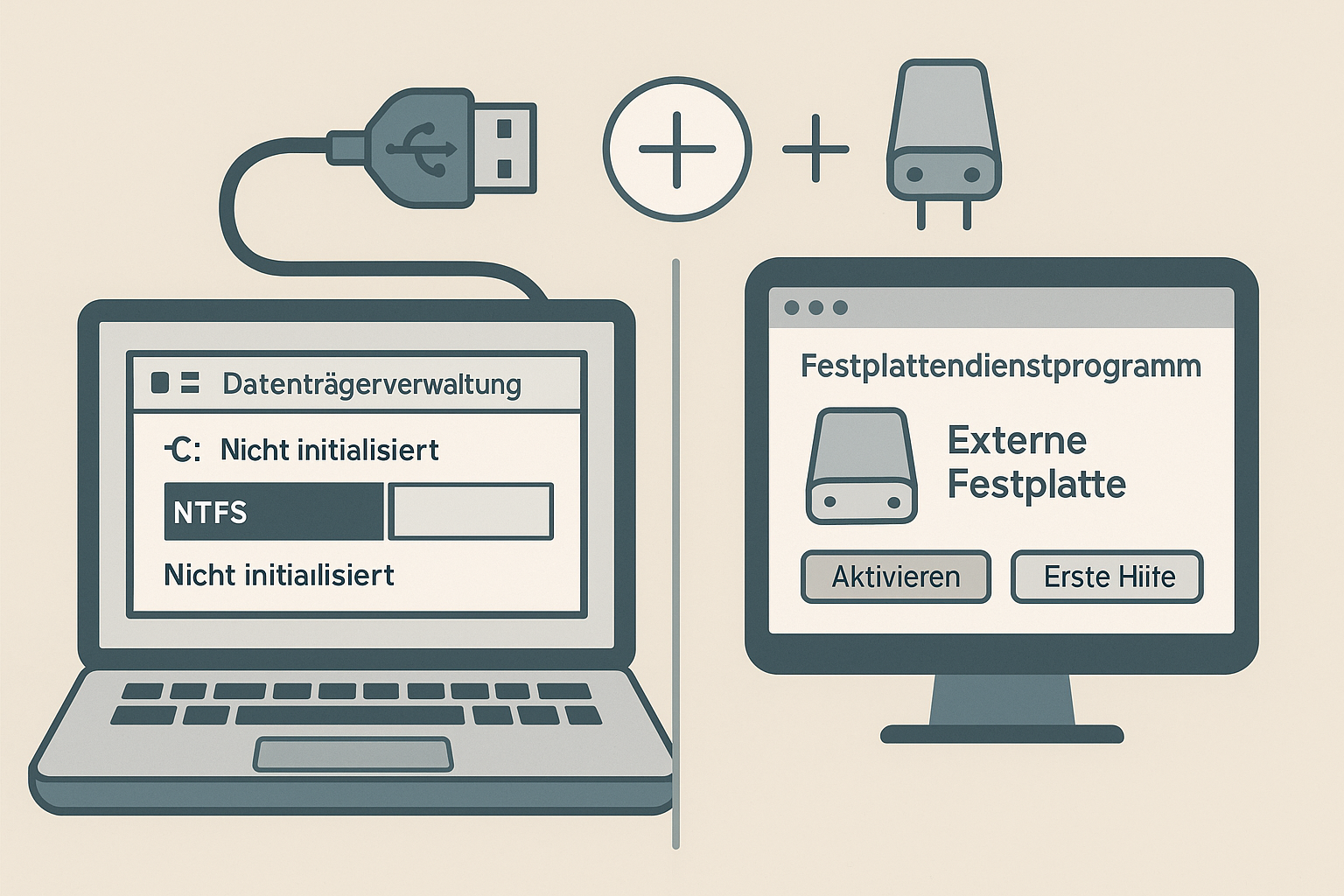 Windows vs. macOS – So erkennen Sie Ihre externe Festplatte richtig Vergleich zwischen Windows-Datenträgerverwaltung und macOS-Festplattendienstprogramm mit angeschlossener externer Festplatte