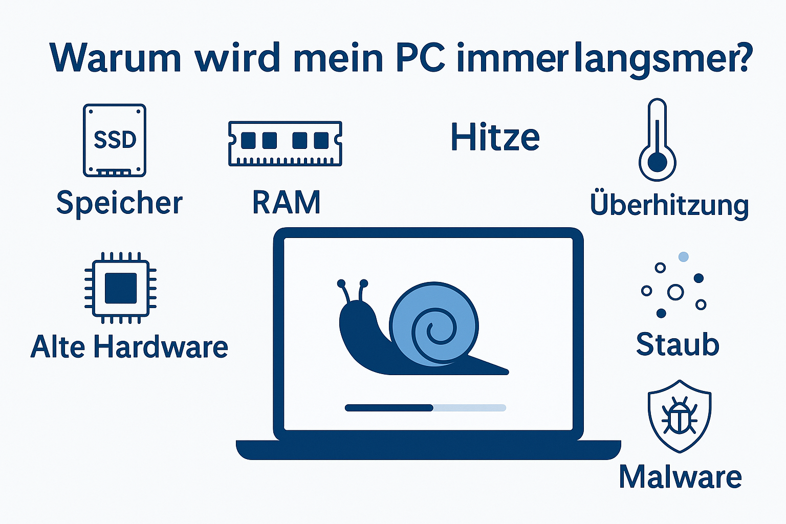 Illustration eines Laptops mit Schnecke als Symbol für einen langsamen PC, umgeben von Icons für Speicher, RAM, Hitze, Staub, Malware und alte Hardware.