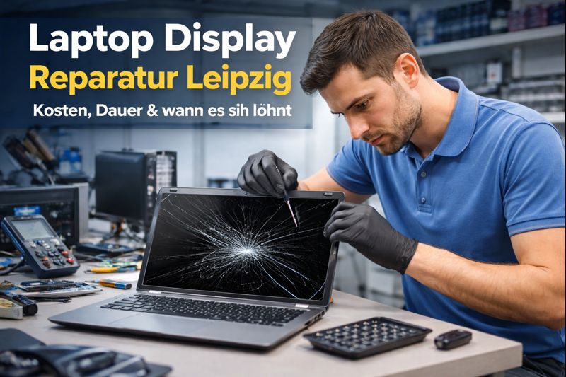 Laptop Display Reparatur Leipzig – Fachgerechter Displaytausch Laptop Display Reparatur in Leipzig – Techniker tauscht beschädigten Laptop-Bildschirm mit Riss im Panel
