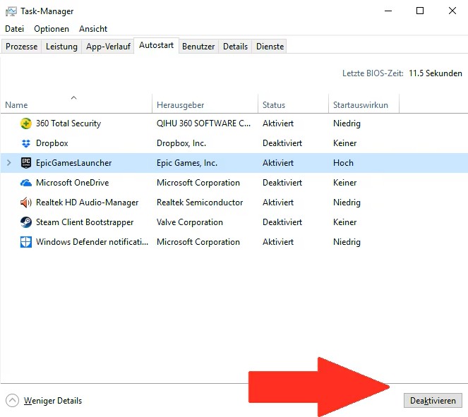 Screenshot des Windows-Task-Managers im Reiter Autostart mit markierter Schaltfläche Deaktivieren.