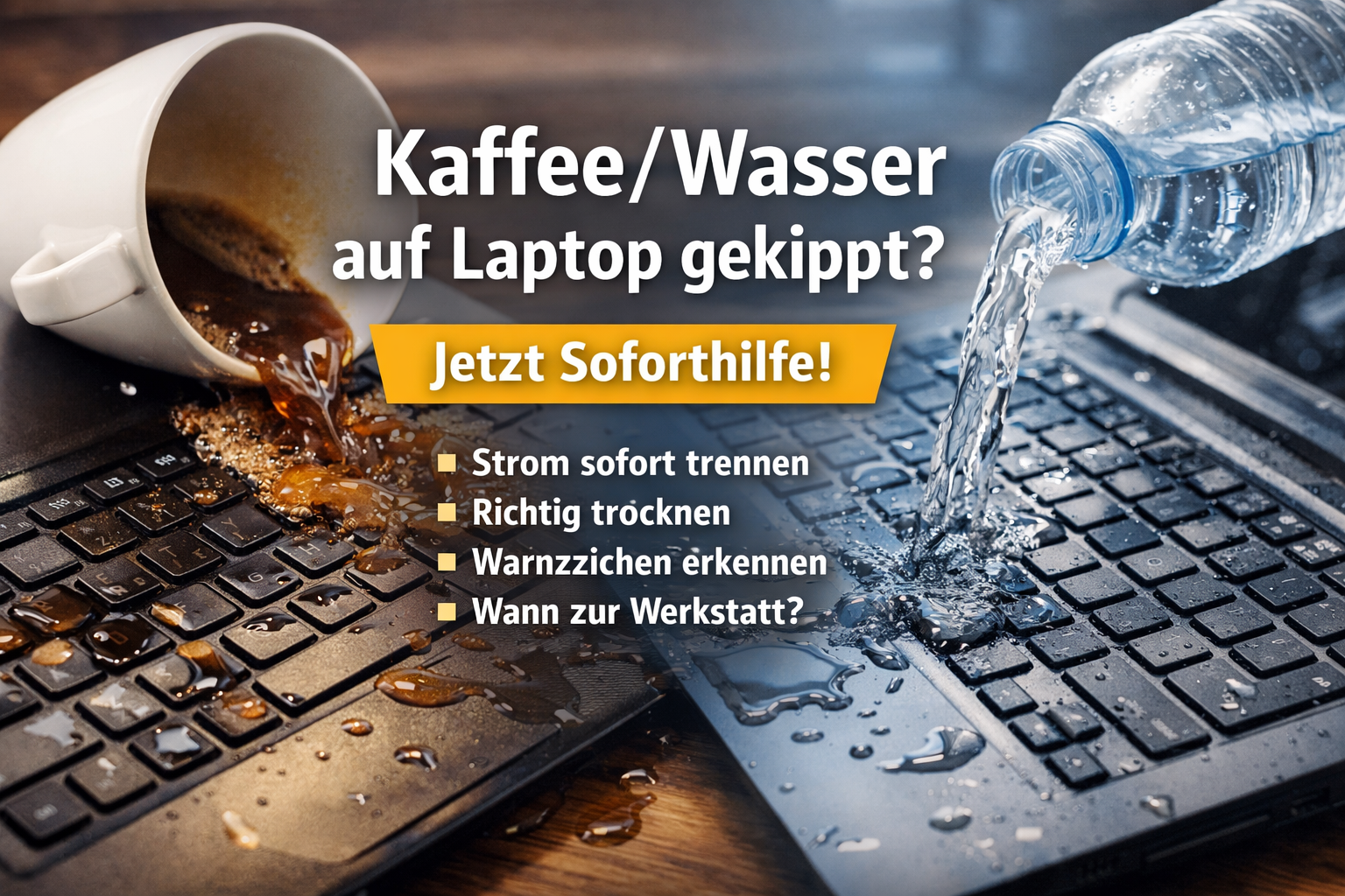 Kaffee und Wasser wurden auf eine Laptop-Tastatur verschüttet – Sofortmaßnahmen bei Flüssigkeitsschaden