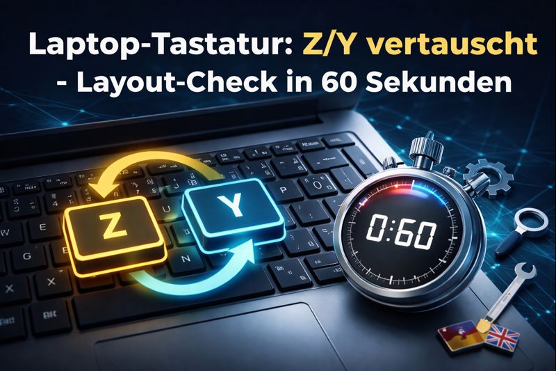 Laptop-Tastatur: Z/Y vertauscht – Layout-Check in 60 Sekunden (Windows 10/11), Tastatur mit markierten Z- und Y-Tasten und Stoppuhr.