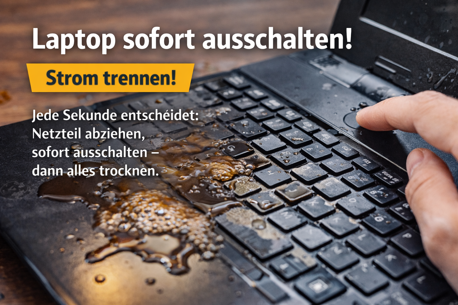Finger schaltet einen Laptop nach Kaffeeverschüttung sofort aus – Strom trennen und Gerät trocknen