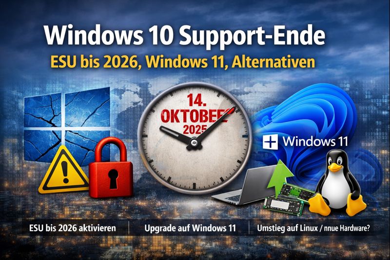 Windows 10 Support-Ende am 14. Oktober 2025: ESU bis 2026, Upgrade auf Windows 11 oder Alternativen wie Linux und Hardware-Upgrade.