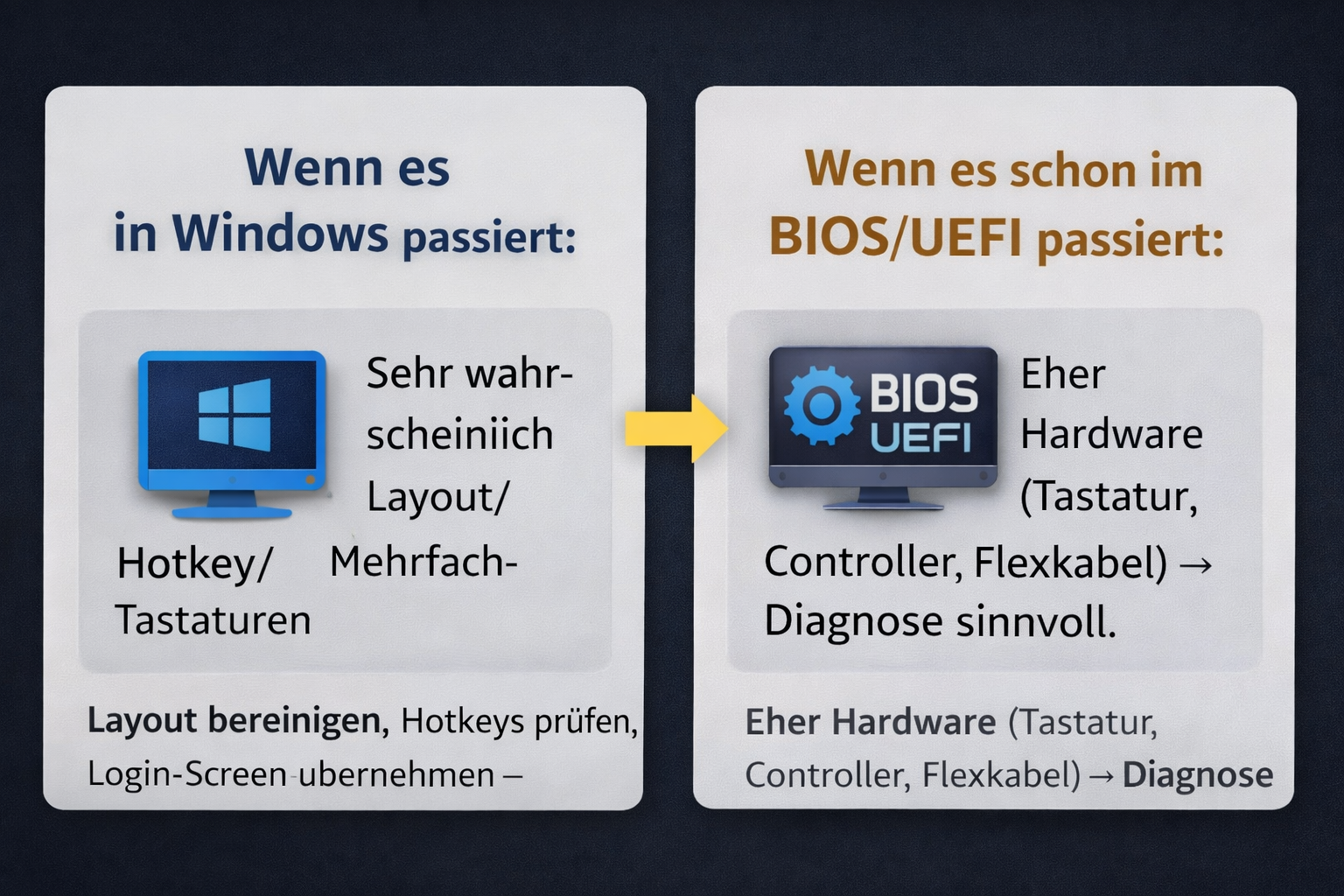 Windows vs. BIOS: Ursache schnell erkennen Vergleich: Y und Z vertauscht in Windows (Layout/Hotkeys) vs. im BIOS/UEFI (wahrscheinlich Hardware) – Entscheidungshilfe