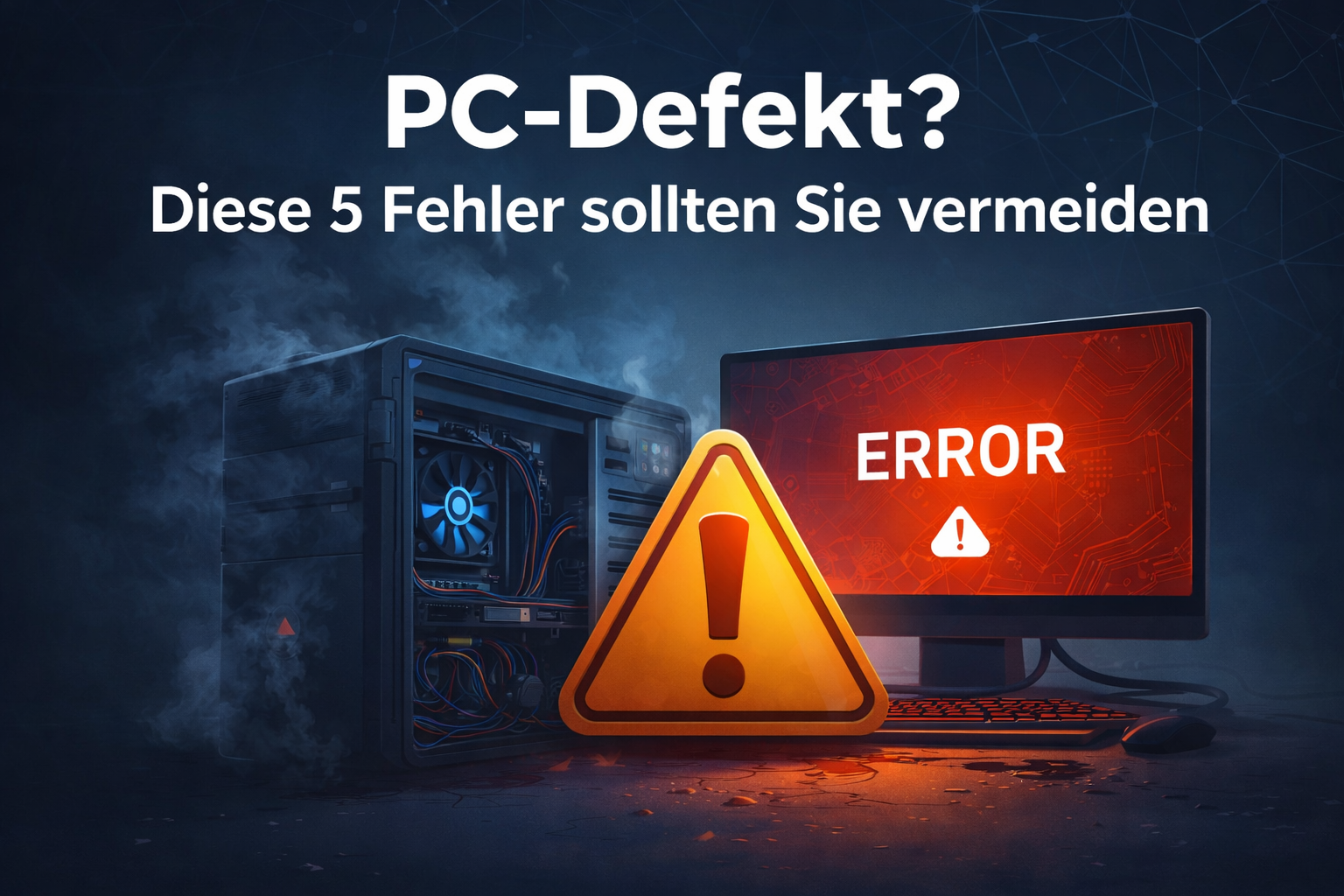 PC-Defekt – diese 5 Fehler sollten Sie vermeiden Defekter PC mit Fehlermeldung und Warnsymbol – typische Fehler nach einem PC-Defekt vermeiden