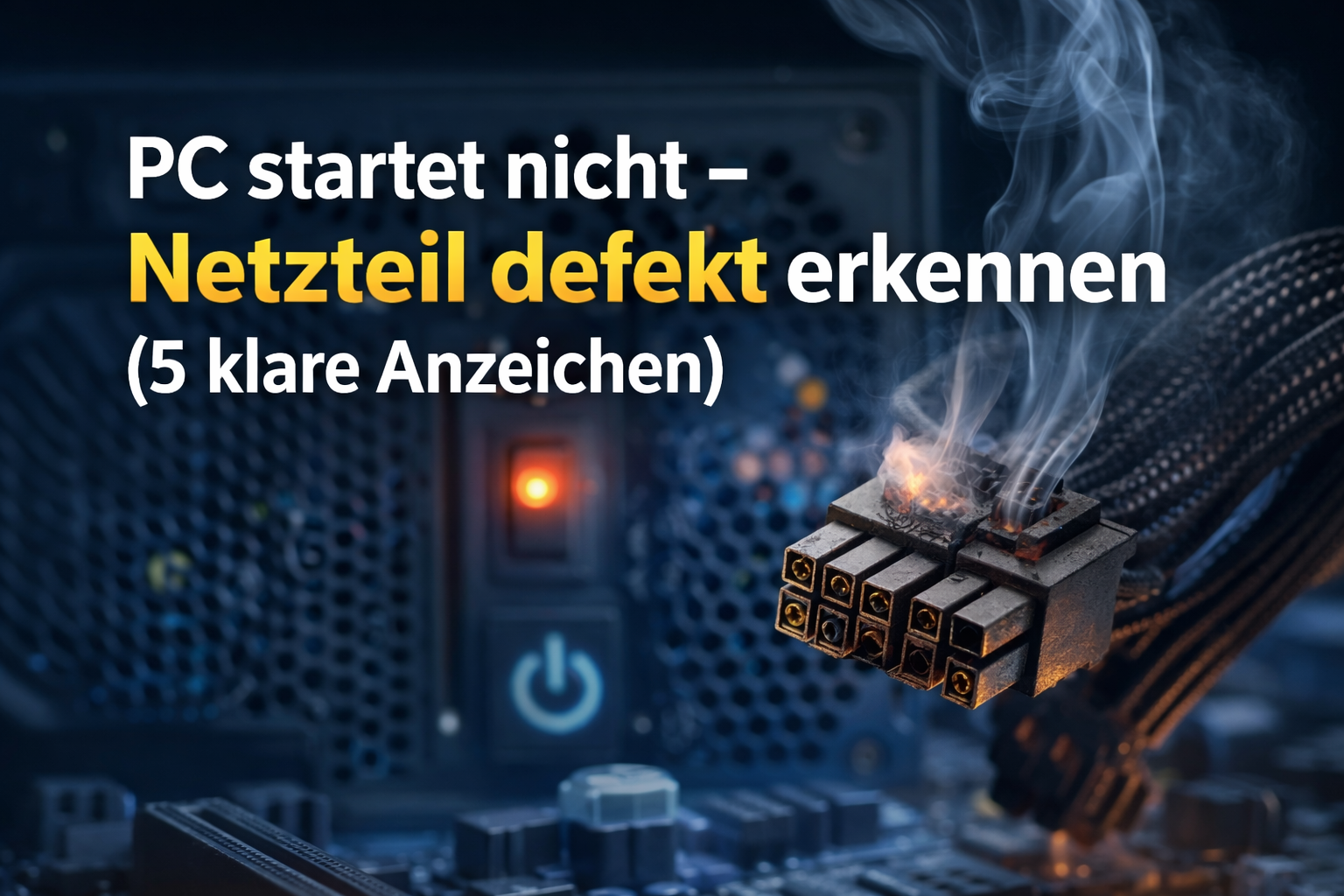 Defektes PC-Netzteil mit verschmortem Stromstecker – PC startet nicht wegen Netzteilproblem