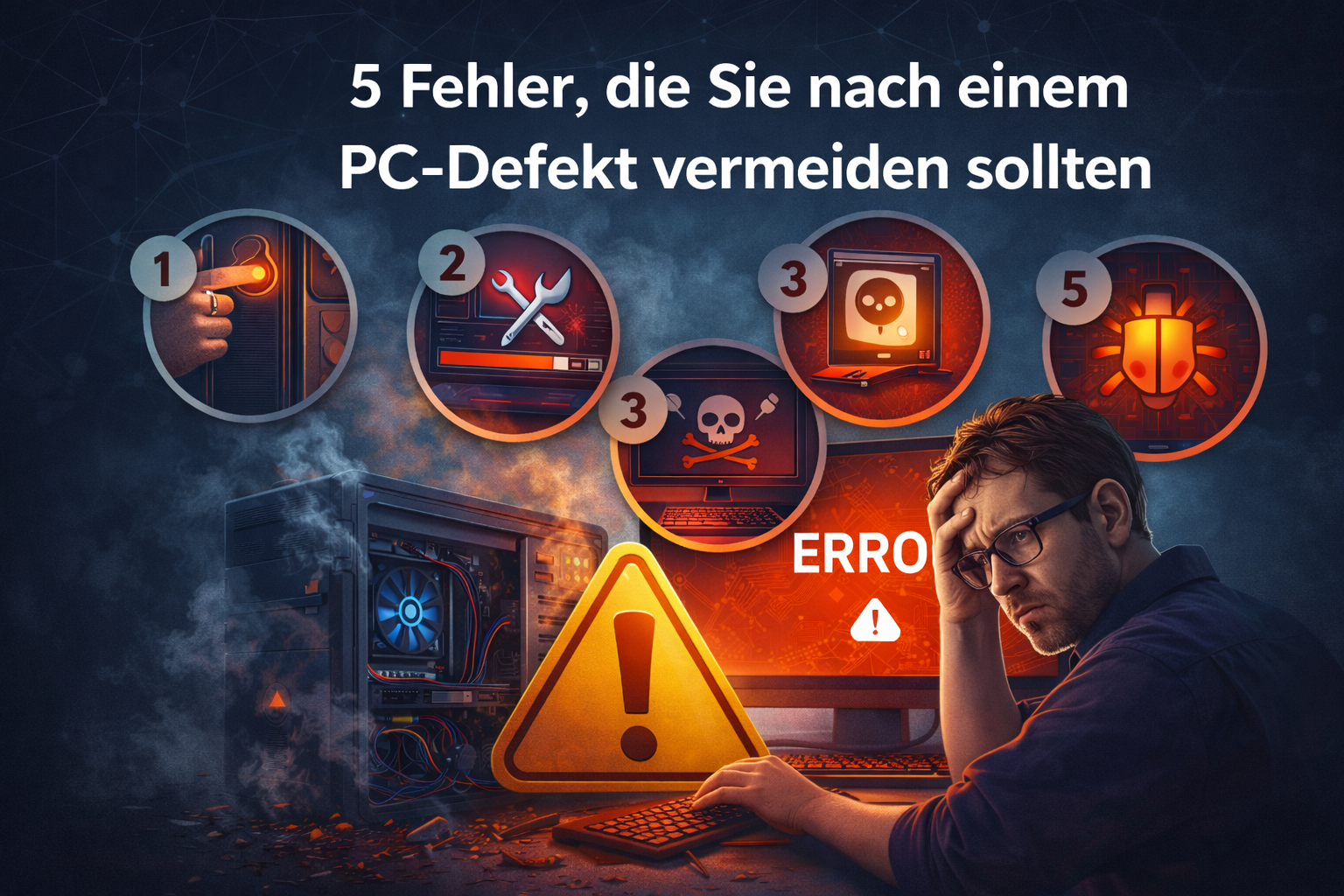Typische Fehler bei der Selbsthilfe nach einem PC-Defekt Techniker prüft einen geöffneten PC mit Werkzeug – typische Fehler bei der Eigenreparatur nach einem PC-Defekt