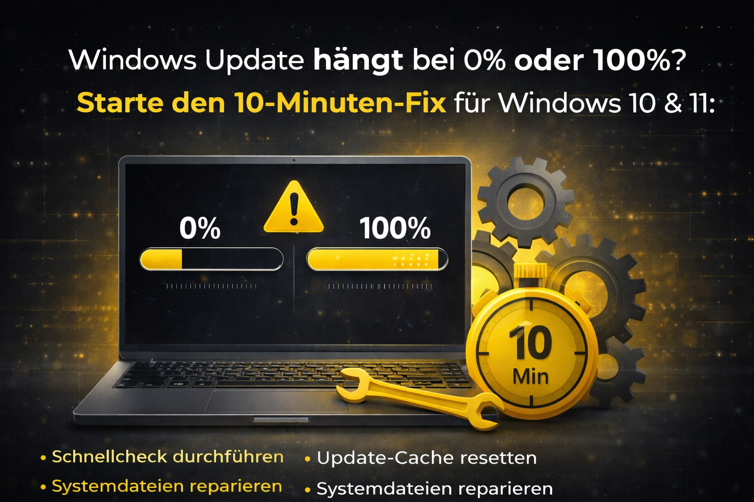 Windows Update hängt bei 0% oder 100% – 10-Minuten-Fix für Windows 10 und 11 (Schnellcheck, Update-Cache resetten, Systemdateien reparieren)