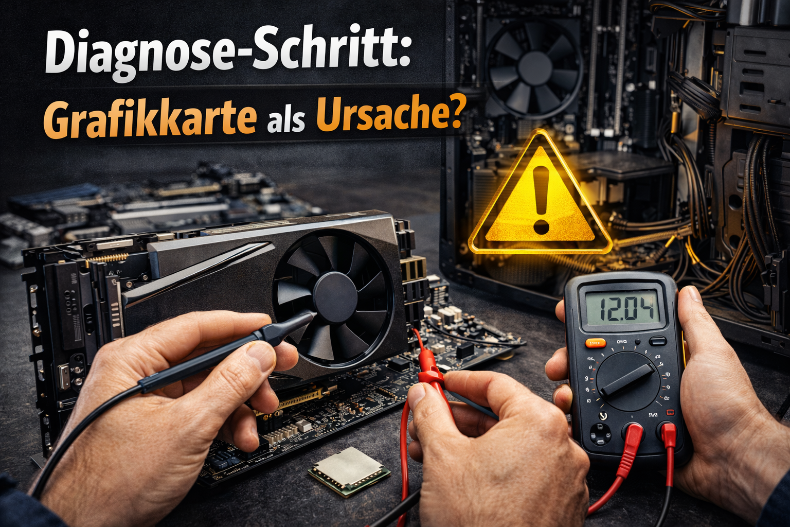 PC Diagnose bei schwarzem Bildschirm PC ohne Bildausgabe – RAM und Grafikkarte werden ausgebaut und überprüft, Diagnose im geöffneten Computergehäuse