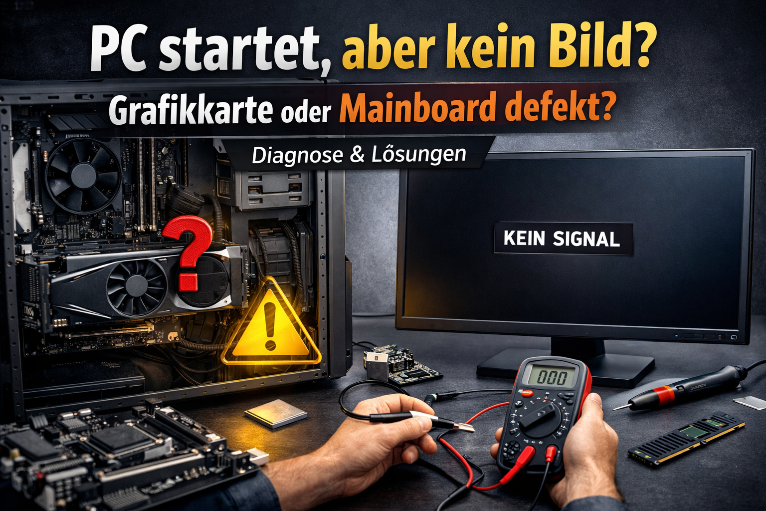 PC startet, aber kein Bild – offener Desktop-PC mit Grafikkarte und Mainboard, Monitor zeigt „Kein Signal“, Techniker misst Spannungen mit Multimeter