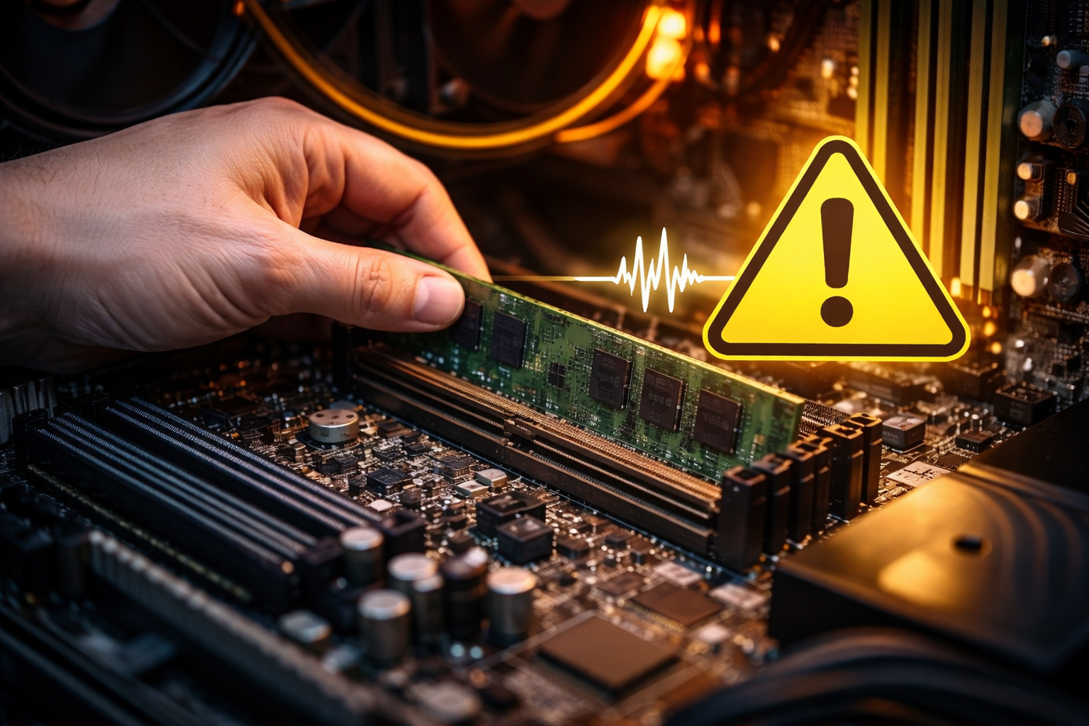 RAM einsetzen – mögliche Ursache für PC-Pieptöne beim Start RAM-Riegel wird in das Mainboard eingesetzt – mögliche Ursache für BIOS-Pieptöne beim PC-Start