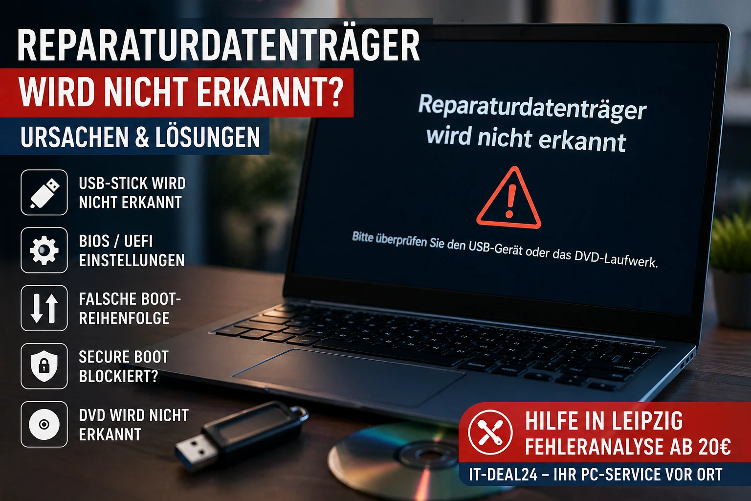 Reparaturdatenträger wird nicht erkannt – Ursachen & Lösungen Laptop zeigt Fehler: Reparaturdatenträger wird nicht erkannt, USB-Stick und DVD liegen daneben, Problem beim Windows-Start