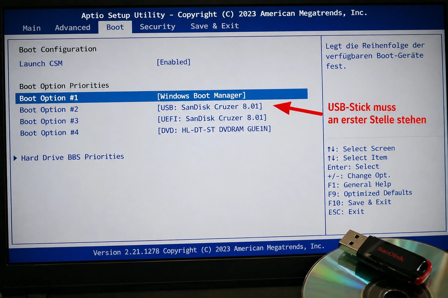 USB wird im BIOS nicht erkannt BIOS Bildschirm mit Boot-Menü, USB-Stick wird nicht erkannt, falsche Boot-Reihenfolge beim Start