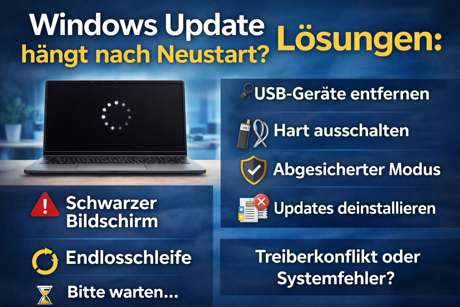 Windows Update hängt nach Neustart – Lösungen und Schritte Windows Update hängt nach Neustart Lösung Schritte schwarzer Bildschirm