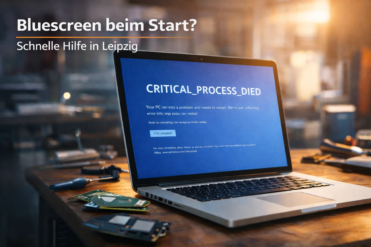 Laptop zeigt Bluescreen mit 'CRITICAL_PROCESS_DIED' Fehlercode in einer Werkstatt