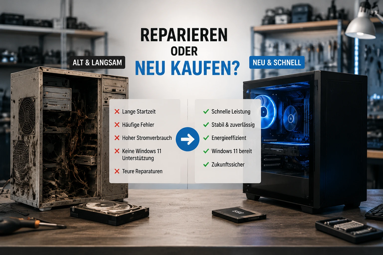 Alter langsamer PC im Vergleich zu modernem neuen Computer mit Vorteilen und Nachteilen