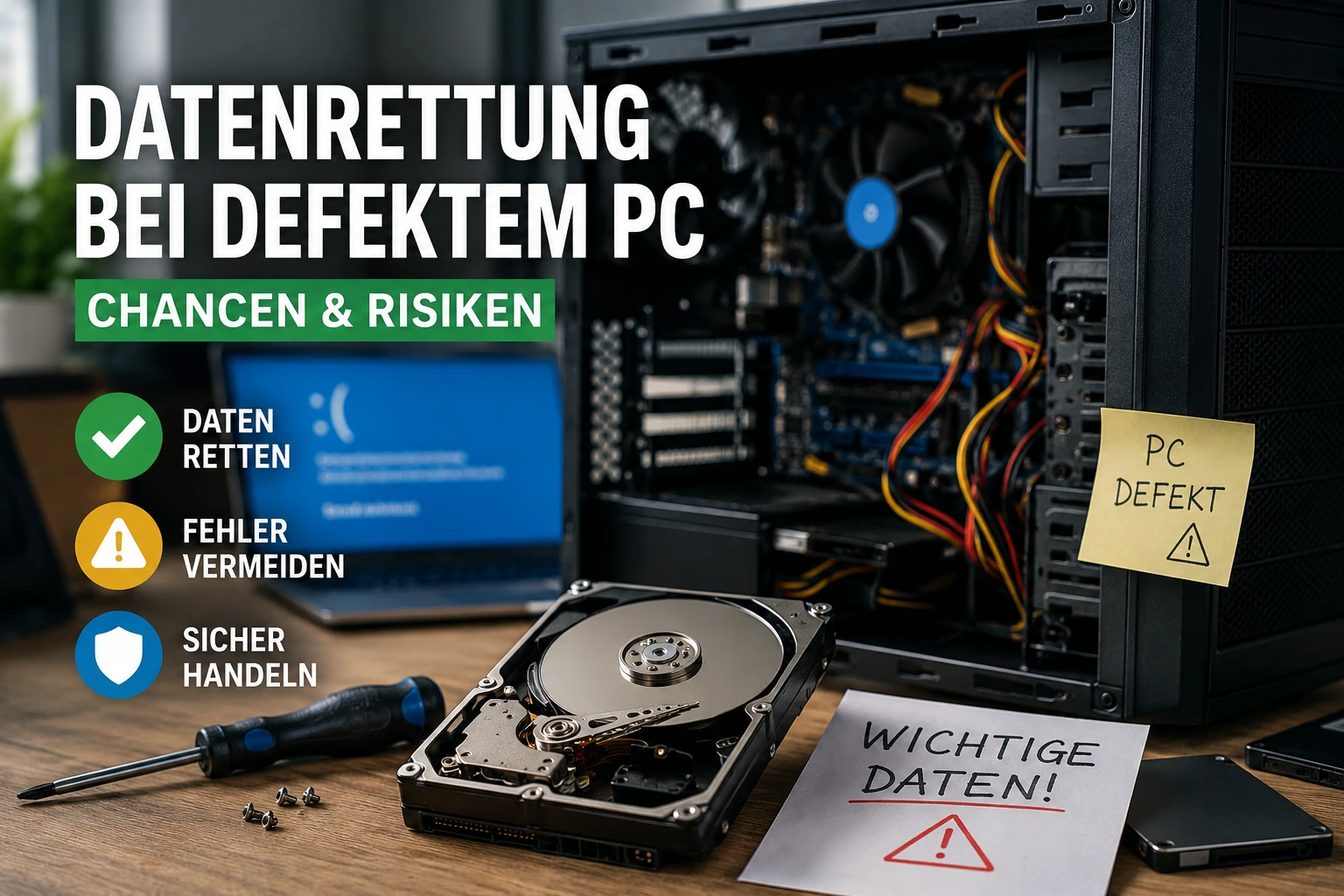 Datenrettung bei defektem PC – Chancen und Risiken Defekter PC mit Festplatte und wichtigen Daten – Datenrettung bei IT-Deal24 Leipzig
