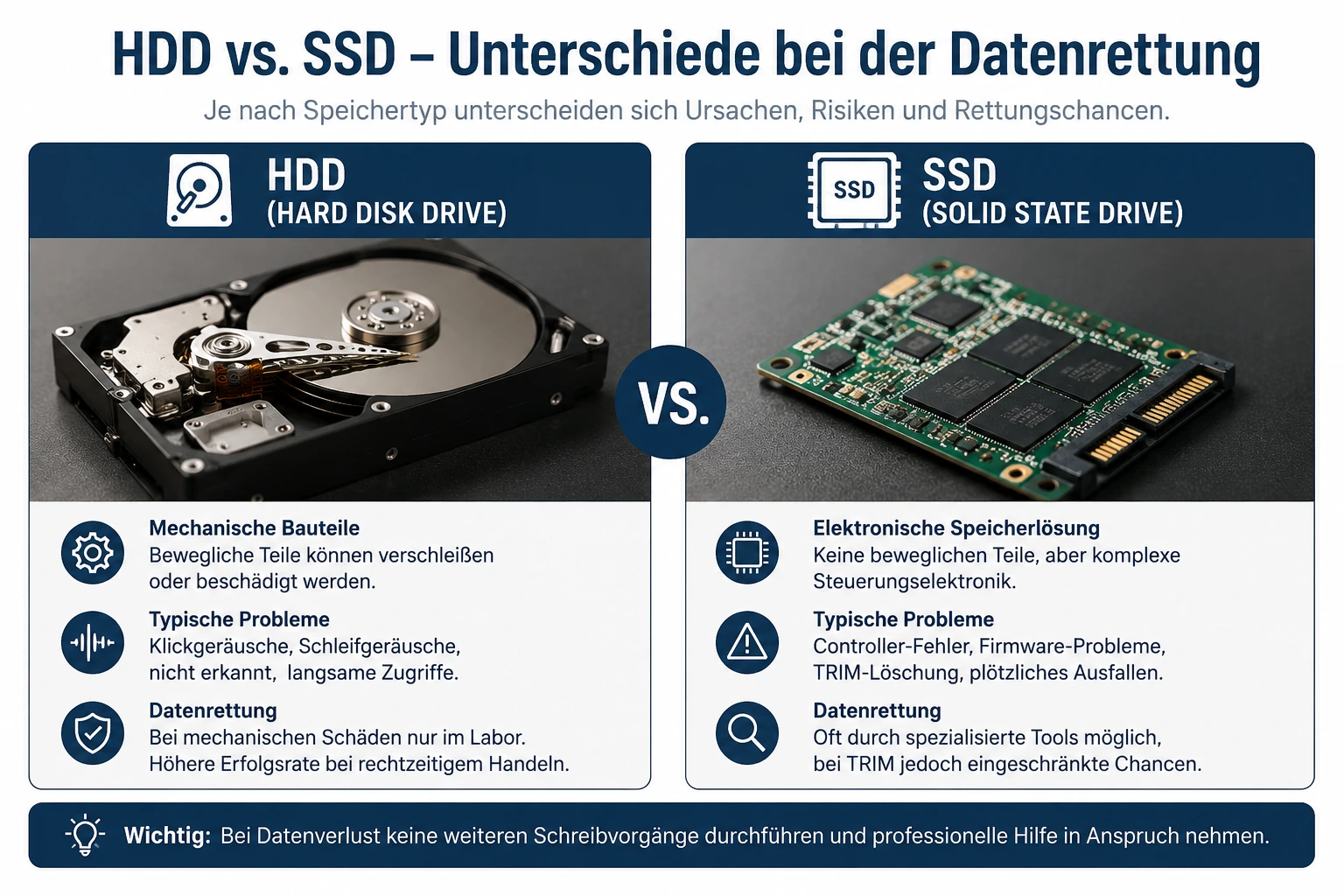 Datenverlust vermeiden – sichere Datenrettung bei PC-Defekt Infografik zu HDD und SSD mit Unterschieden bei der Datenrettung von Festplatten und SSDs