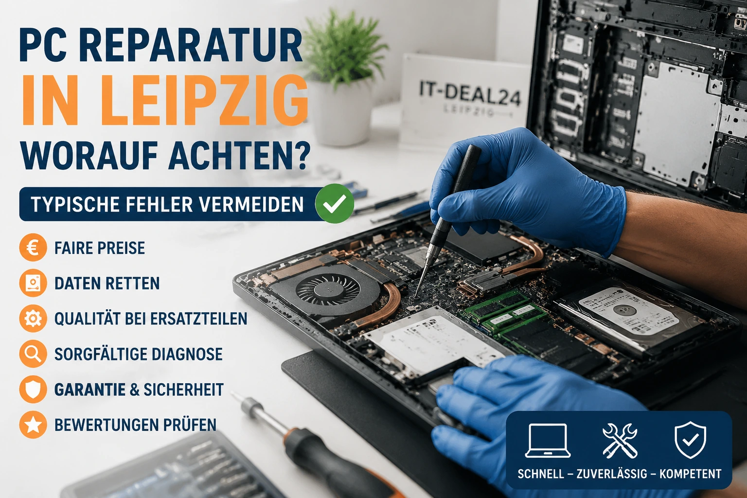 Techniker repariert Laptop in professioneller PC-Werkstatt in Leipzig