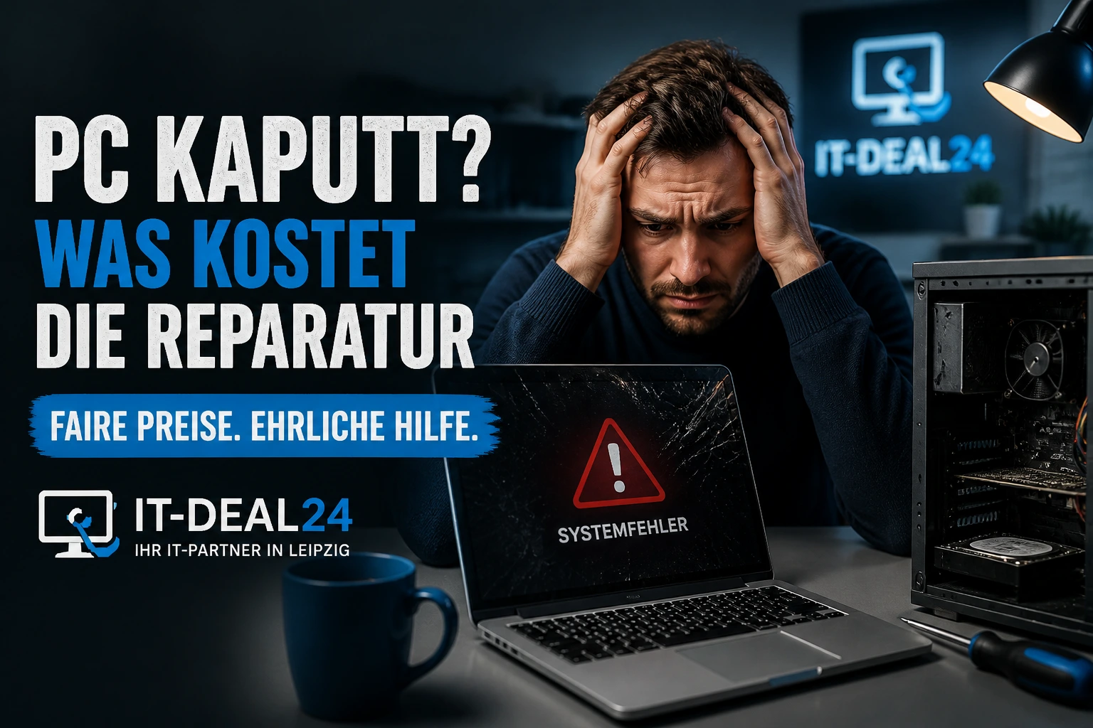 Verzweifelter Nutzer mit defektem Laptop und Systemfehler – PC-Reparatur Kosten und Hilfe bei IT-Deal24 Leipzig