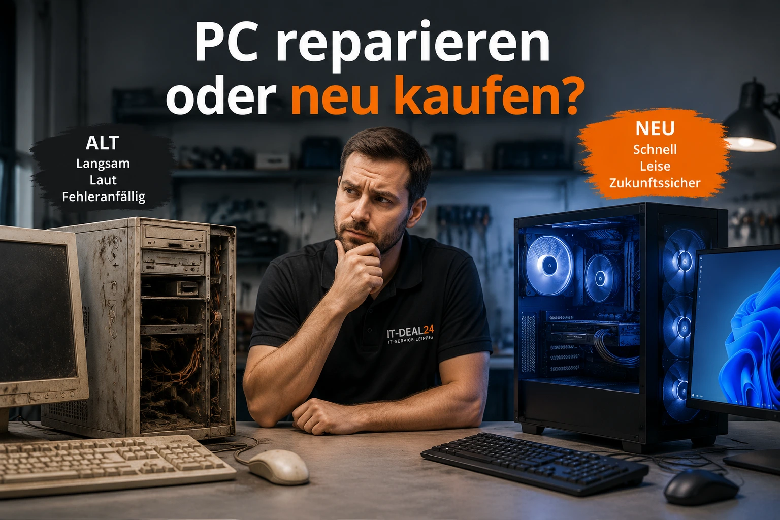 PC reparieren oder neu kaufen Vergleich zwischen altem defektem Computer und modernem neuen PC