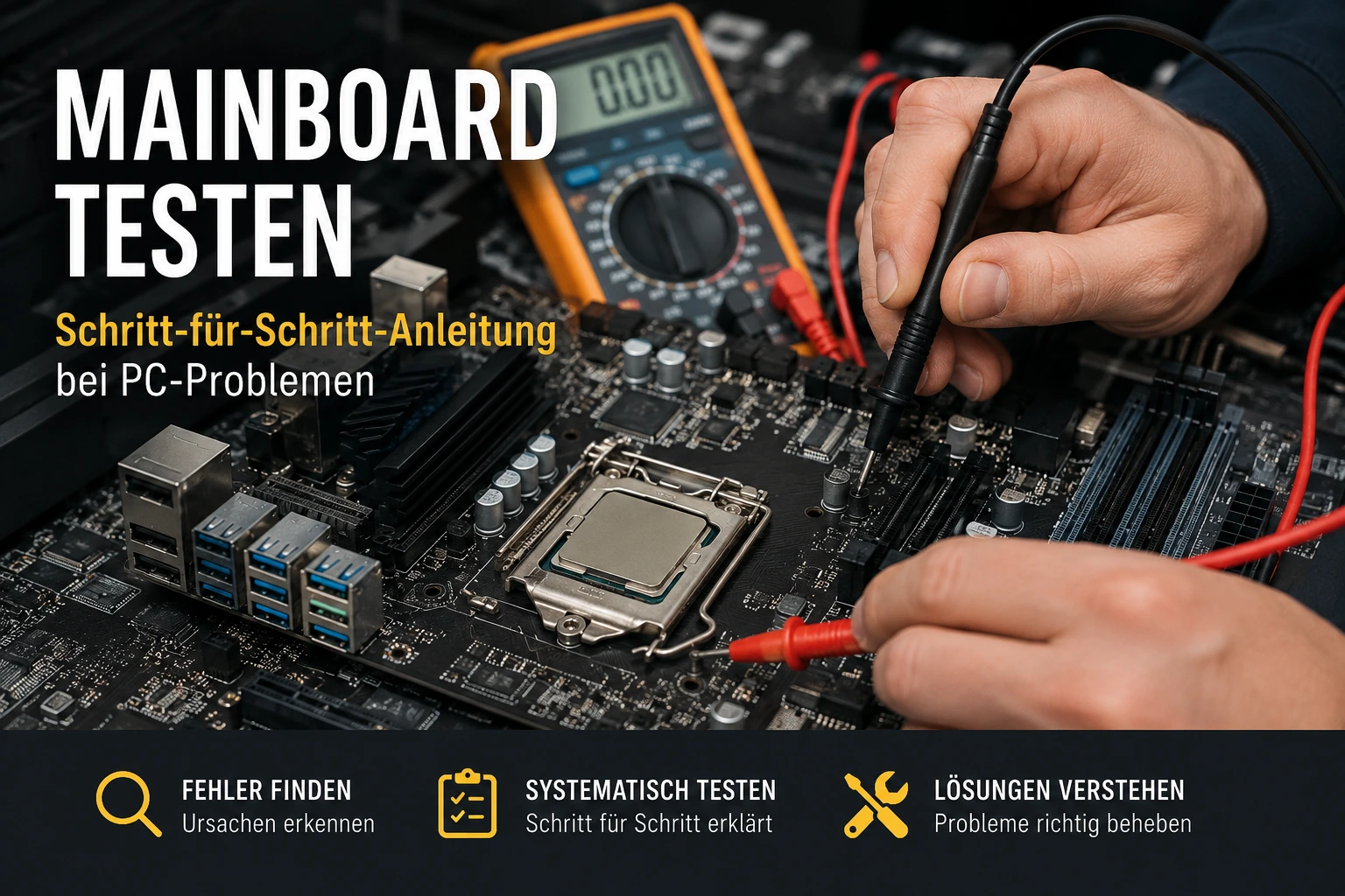 Mainboard wird mit einem Multimeter geprüft. Techniker testet elektronische Komponenten eines PC-Motherboards zur Fehlerdiagnose.