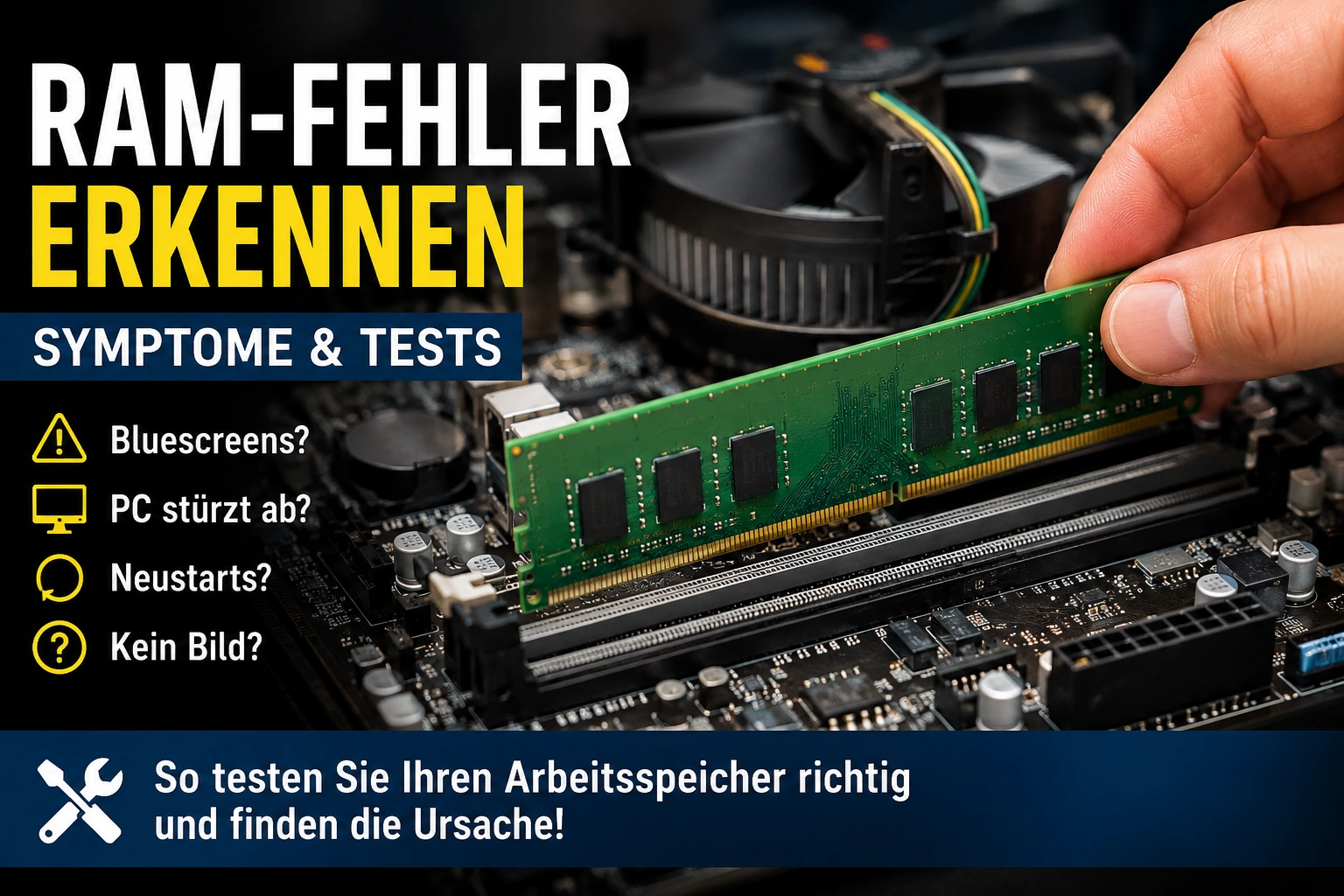 RAM-Fehler erkennen – Symptome und Tests Techniker setzt einen RAM-Riegel in ein Mainboard ein. Das Bild zeigt typische Symptome eines RAM-Defekts wie Bluescreens, Abstürze und Startprobleme.
