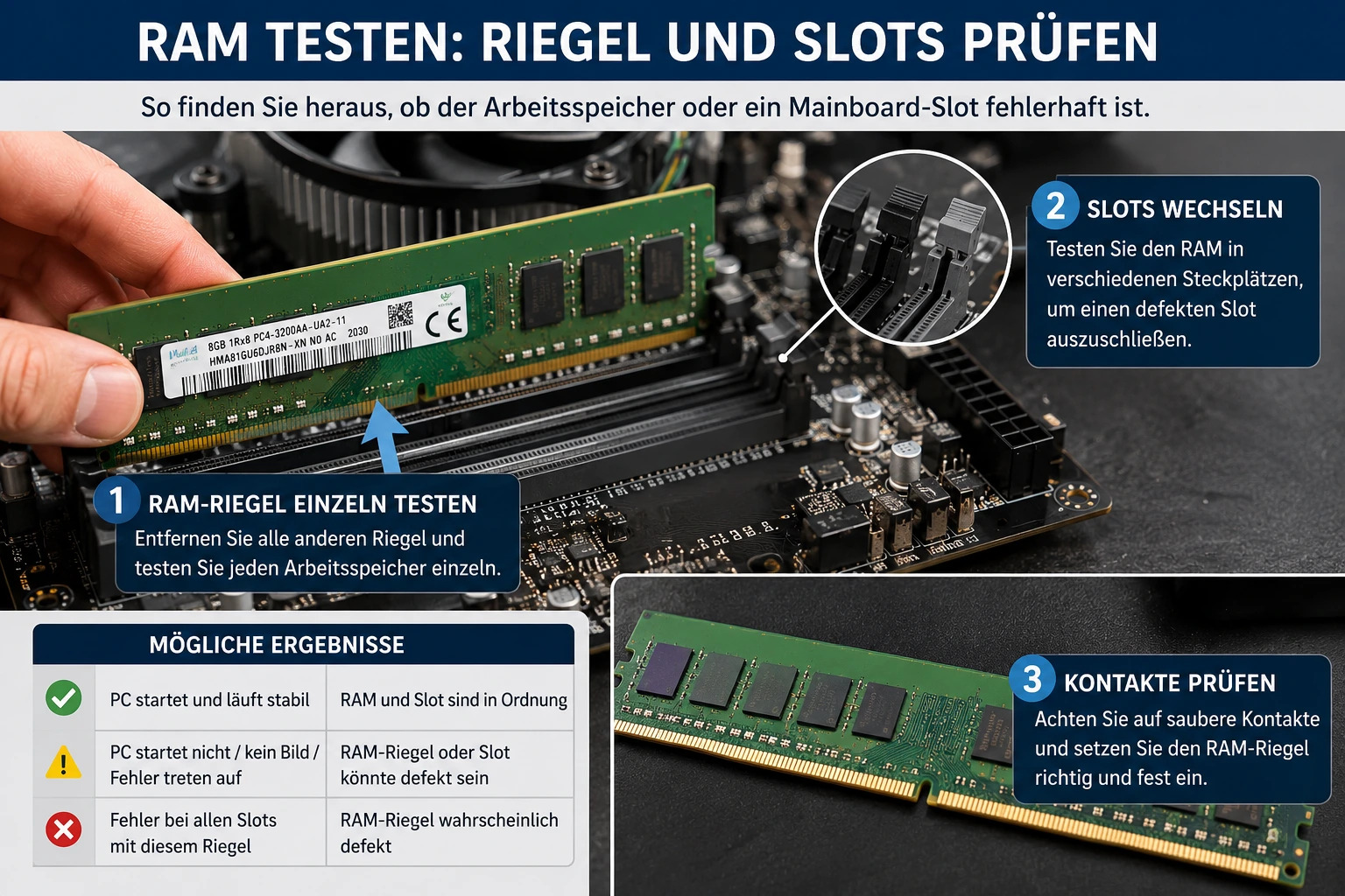 RAM testen – Riegel und Slots prüfen RAM-Riegel wird auf einem Mainboard getestet. Die Grafik zeigt, wie Arbeitsspeicher und RAM-Slots geprüft werden, um RAM-Fehler und Mainboard-Probleme zu erkennen.