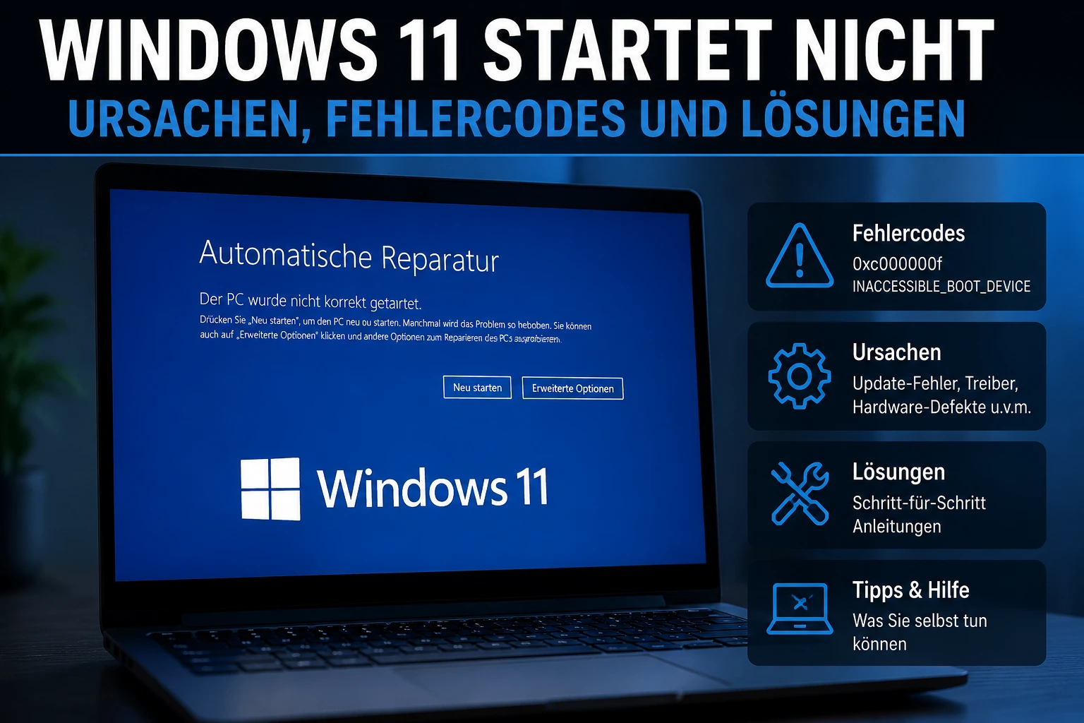 Windows 11 startet nicht – Ursachen, Fehlercodes und Lösungen Windows 11 startet nicht und zeigt die automatische Reparatur. Der Artikel erklärt typische Fehlercodes, Ursachen und Lösungen bei Startproblemen.
