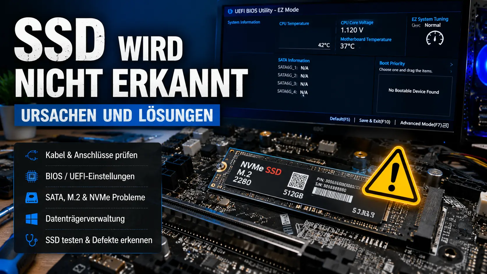 SSD wird nicht erkannt – Ursachen und Lösungen SSD wird nicht erkannt – Fehlerdiagnose einer M.2 NVMe SSD auf einem Mainboard.