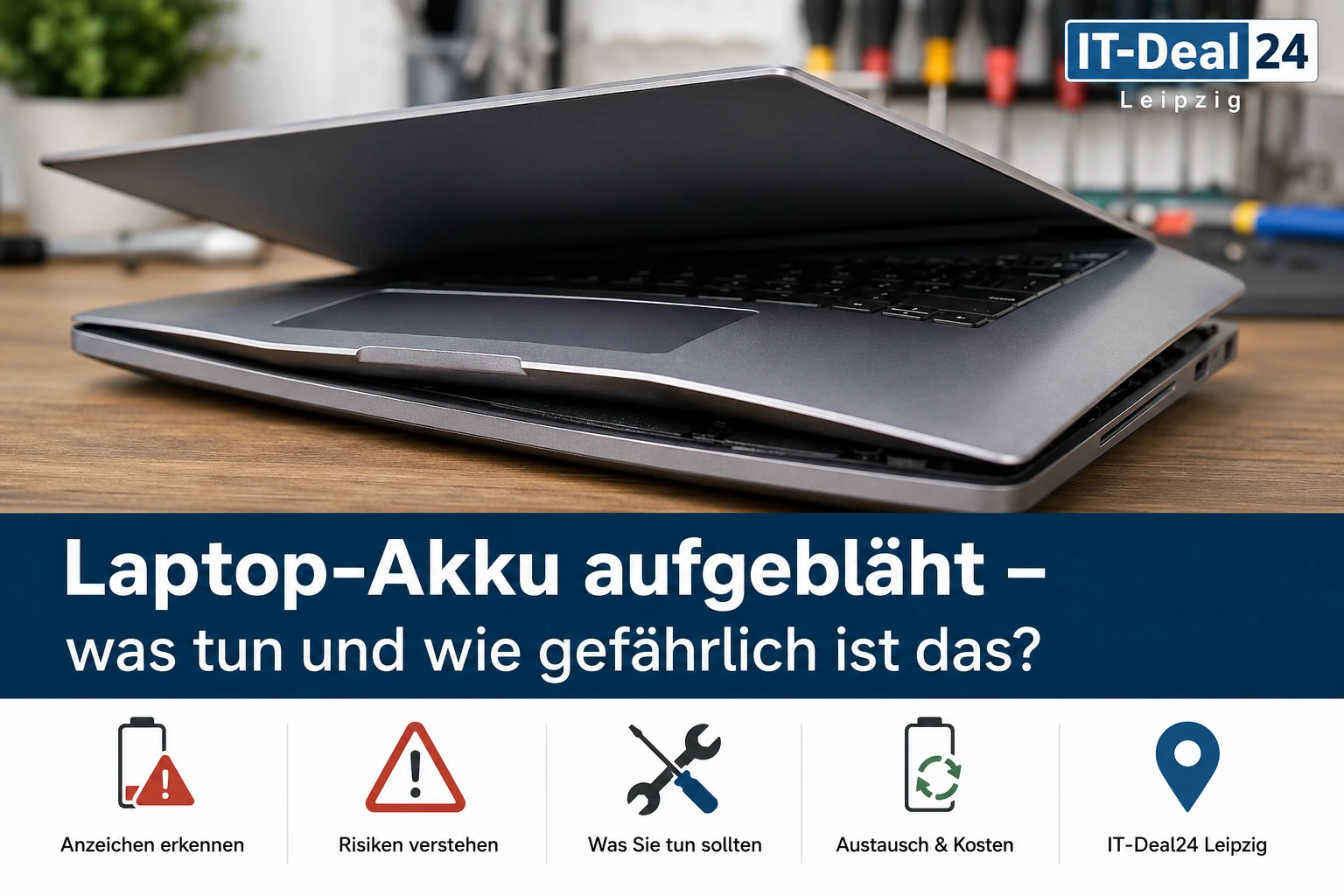 Laptop-Akku aufgebläht – Ursachen und Reparatur in Leipzig Aufgeblähter Laptop-Akku drückt das Gehäuse auseinander – Akkutausch bei IT-Deal24 Leipzig