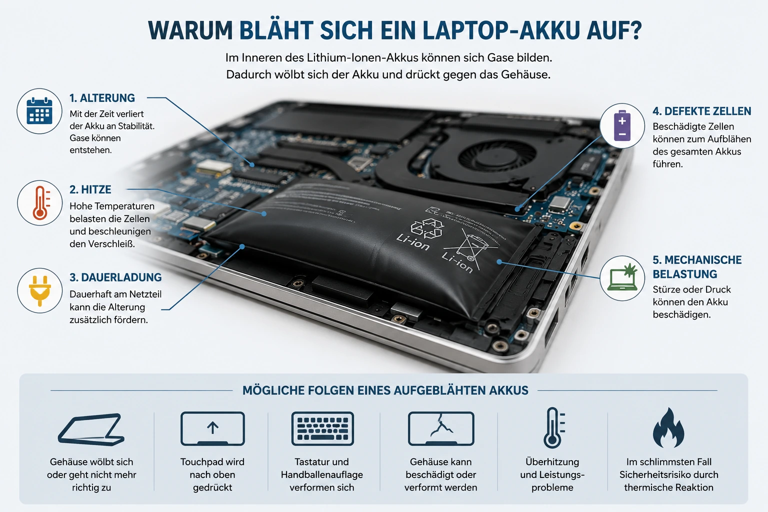 Warum bläht sich ein Laptop-Akku auf? Ursachen und mögliche Folgen Infografik zu Ursachen eines aufgeblähten Laptop-Akkus: Alterung, Hitze, Dauerladung, defekte Zellen und mechanische Belastung