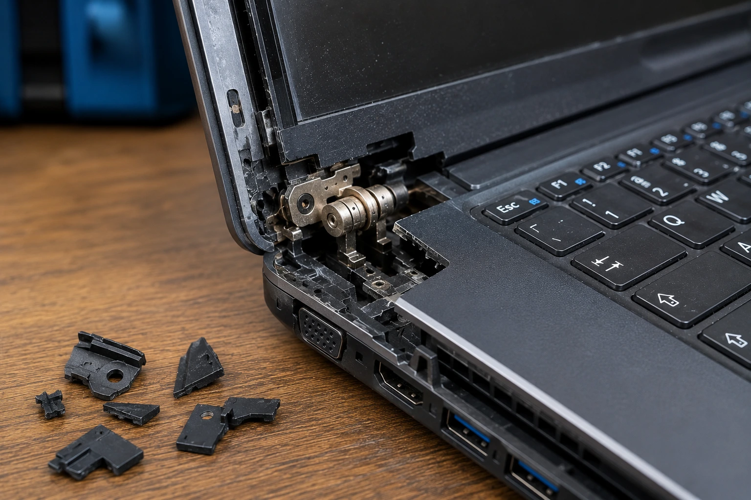 Gebrochenes Laptop-Scharnier mit beschädigtem Displaydeckel und Gehäuse. Professionelle Laptop-Scharnier-Reparatur bei IT-Deal24 Leipzig.