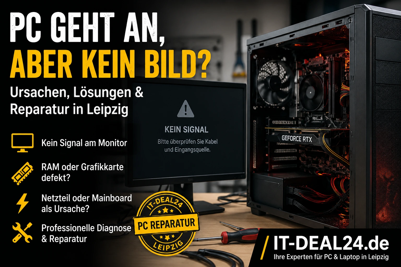 PC geht an, aber der Monitor zeigt kein Bild – mögliche Ursachen sind RAM, Grafikkarte, Netzteil oder Mainboard. PC-Reparatur bei IT-Deal24 Leipzig.
