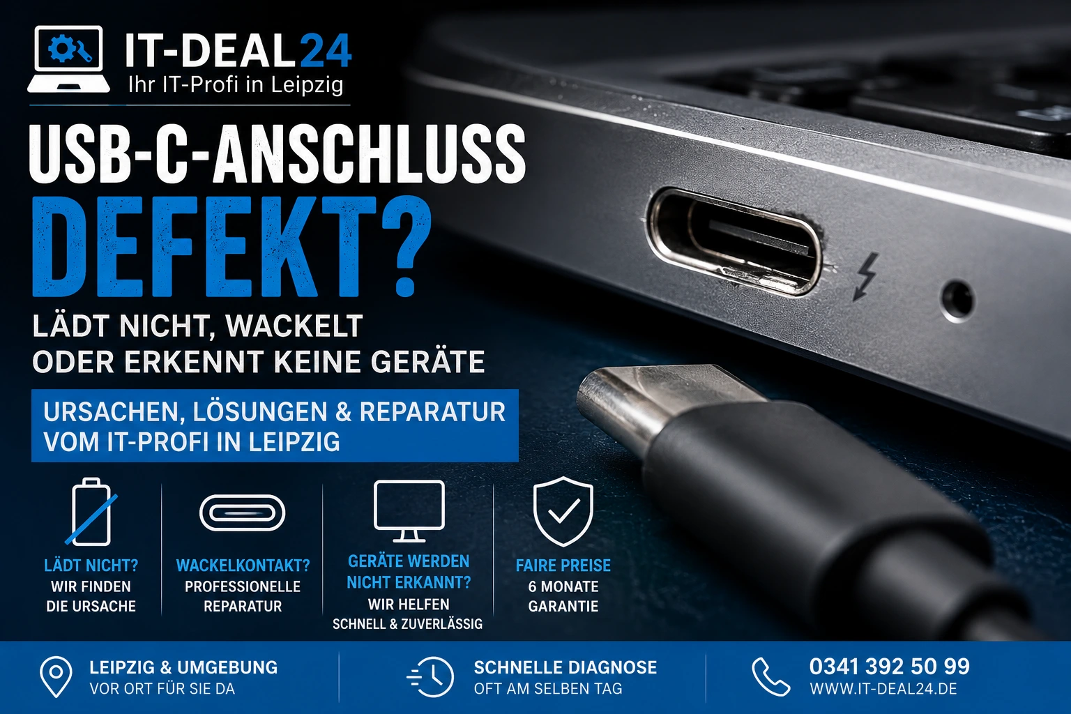 USB-C-Anschluss am Laptop defekt – Laptop lädt nicht oder erkennt keine Geräte. Professionelle Diagnose und Reparatur bei IT-Deal24 Leipzig.