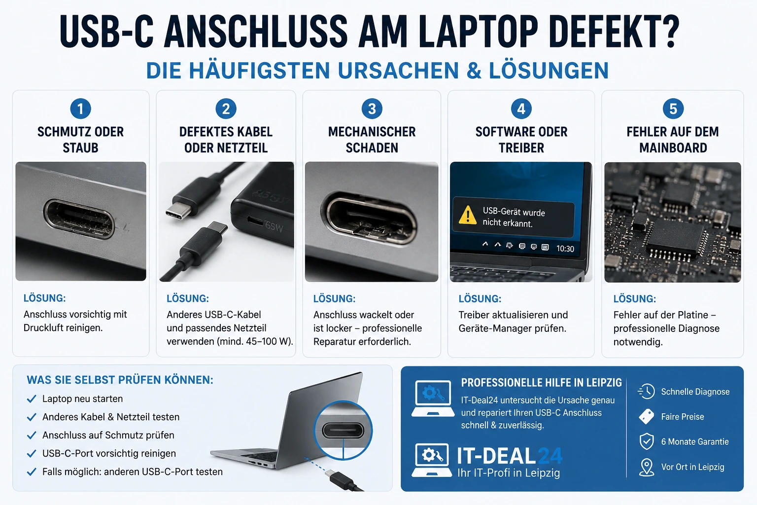 Infografik mit den häufigsten Ursachen eines defekten USB-C-Anschlusses am Laptop – Schmutz, defektes Kabel, mechanischer Schaden, Treiberprobleme und Mainboardfehler sowie passende Lösungen.