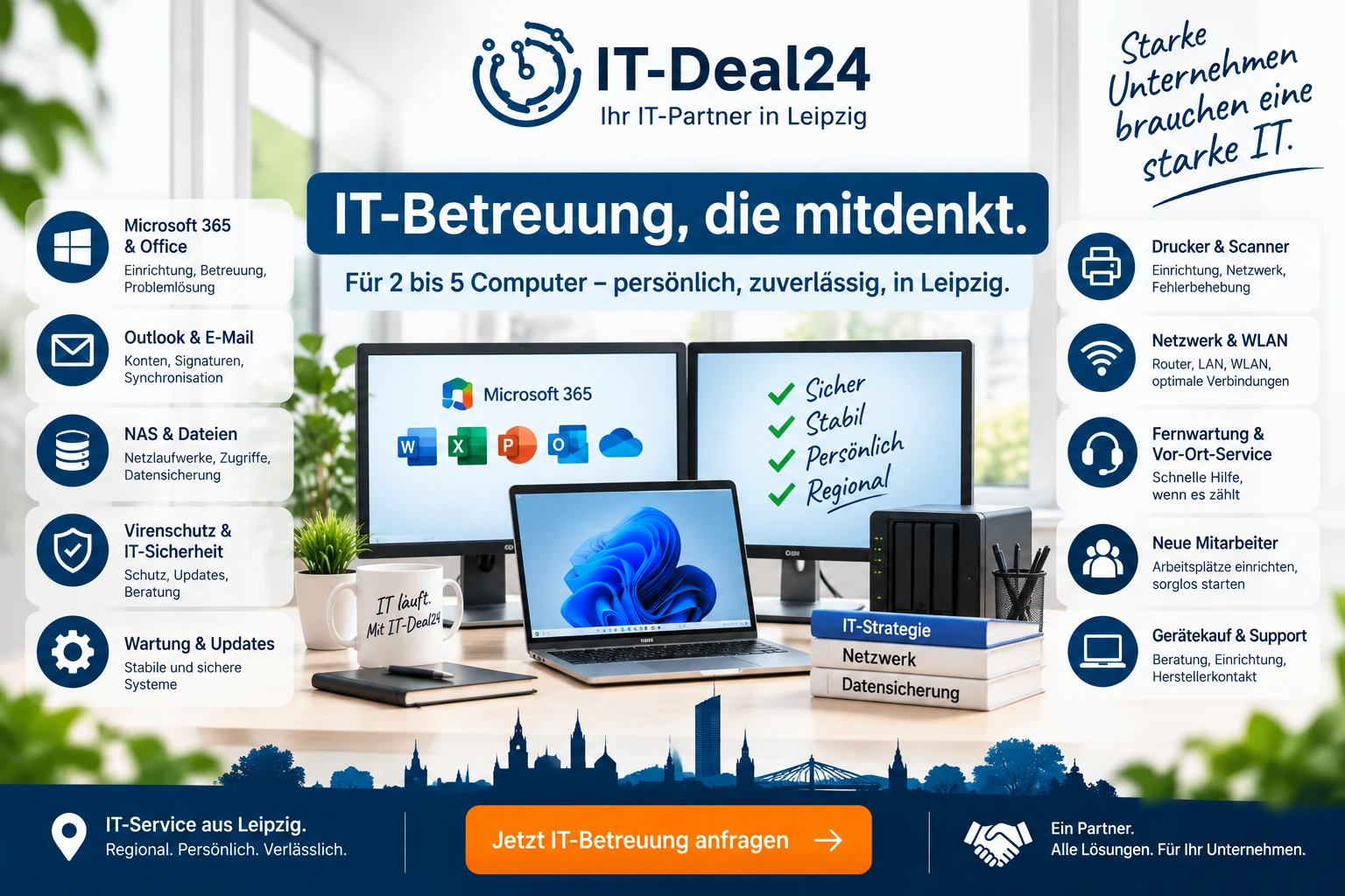 IT-Betreuung Leipzig – Microsoft 365, NAS, Netzwerk und Fernwartung IT-Betreuung in Leipzig für kleine Unternehmen mit 2 bis 5 Computern